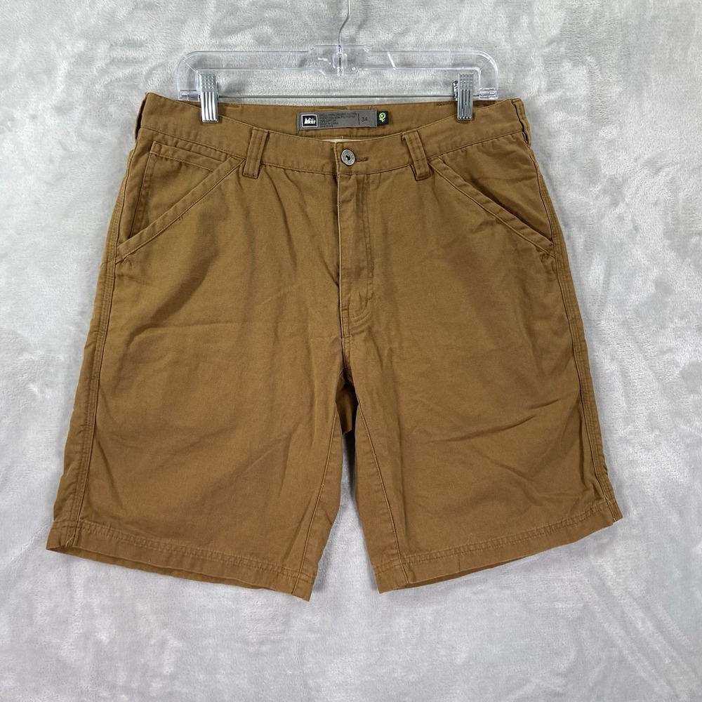 REI Shorts Mens 32 Canvas Chino 10" Inseam Organic Cotton Brown Outdoor Casual